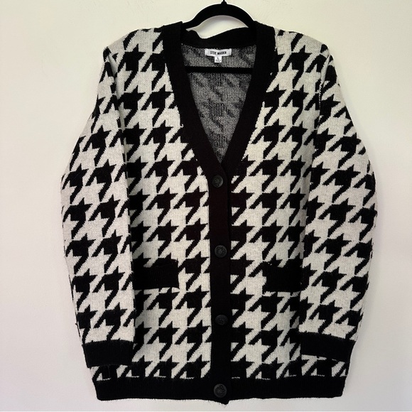 Steve Madden | Black & White Houndstooth Long Cardigan Sweater Size L - Picture 1 of 13